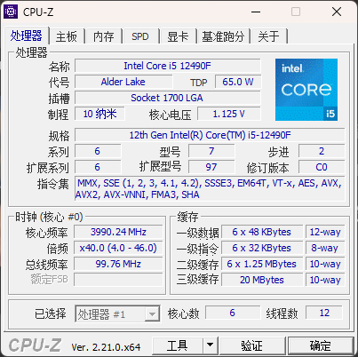 CPU-Z v2.21 软件真实界面截图：CPU 选项卡显示处理器名称、代号、制程、核心速度、缓存与指令集信息